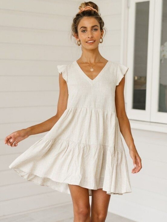 EVERKAKI Dresses & Skirts - NWT ☀︎ Everkaki Vneck Cream Cotton Ruffled Tiered Boho Flowy Babydoll Mini Dress